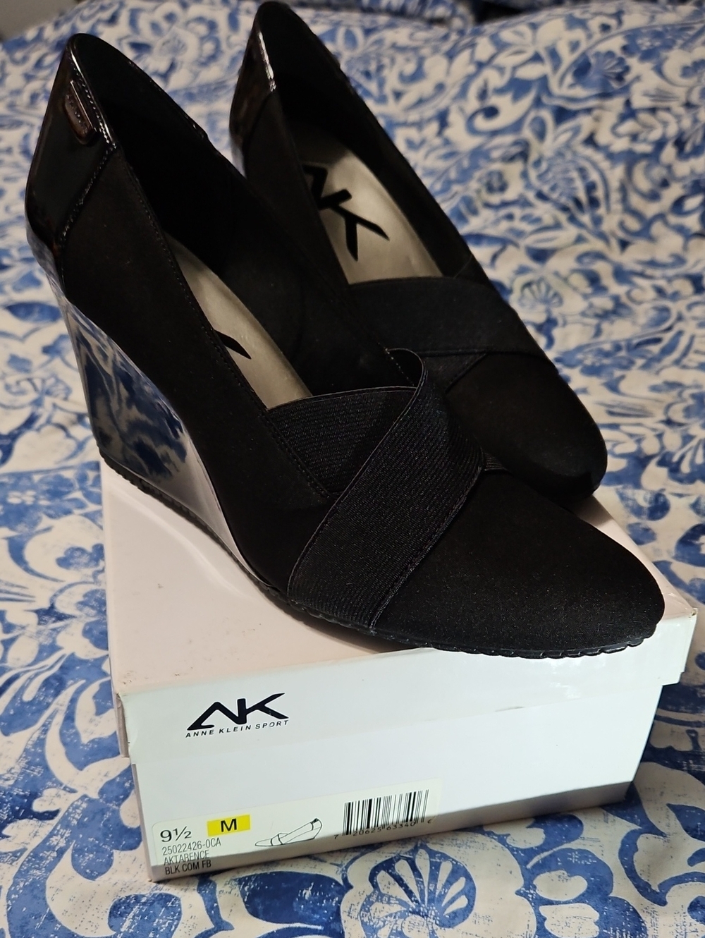 Anne Klein Sport Black Elastic Crossover Wedge Pumps